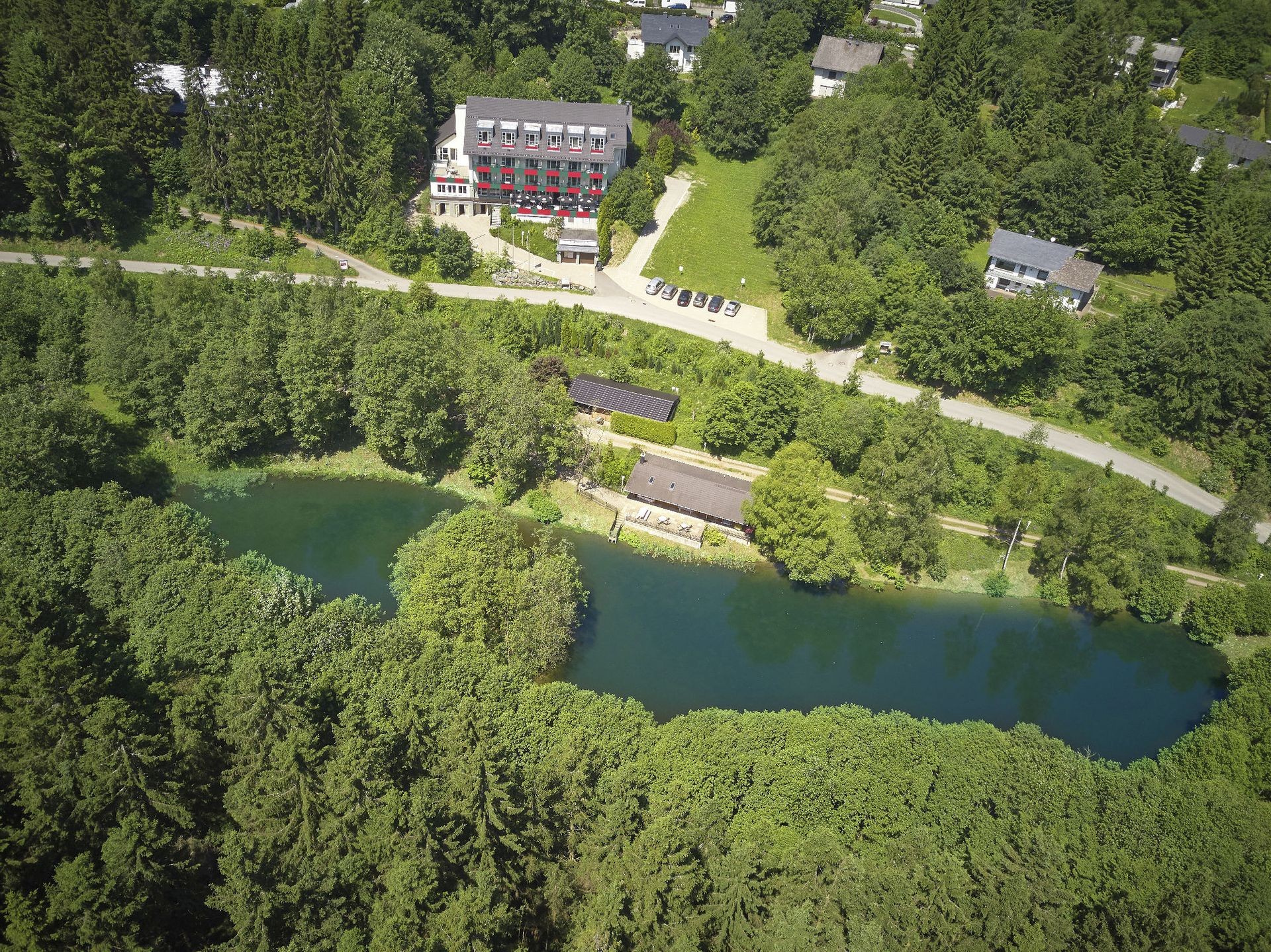 Luftaufnahme des Waldhaus am See in Willingen. Das Hotel liegt idyllisch zwischen Wald und See – perfekt zum Entspannen mit Hund.